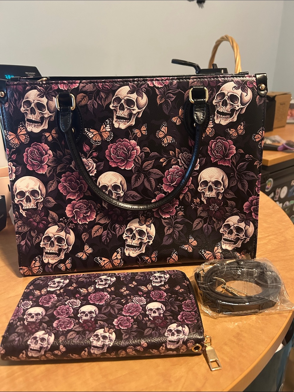 Skull & Rose Print Travel Tote in Black and Purple Wallet included